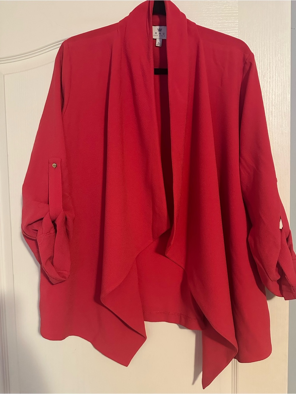 Chaus New York Red Draped Open Front Cascade Jacket Roll Tab Sleeve Size L